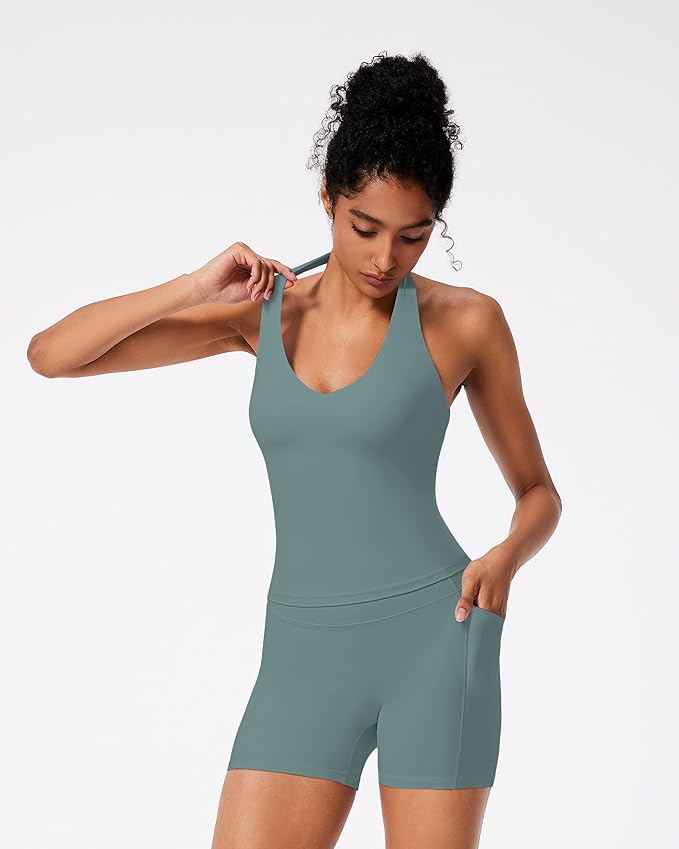 RXRXCOCO Halter Workout Sets for Women 2 Piece V Neck Tank Tops Hidden Scrunch Booty Shorts Gym Outfits with Pockets