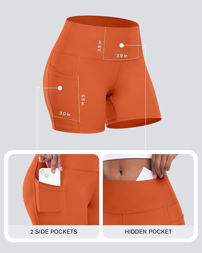 CHRLEISURE Womens Biker Yoga Shorts with Pocket, High Waisted Tummy Control 5 Inch Workout Spandex Athletic Gym Shorts