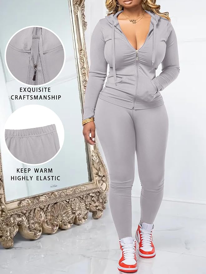 Women Two Piece Outfits Workout Sets Bodycon Legging Jacket Tracksuit Zip Up Hoodie Jogger Matching Sweat Pants Set