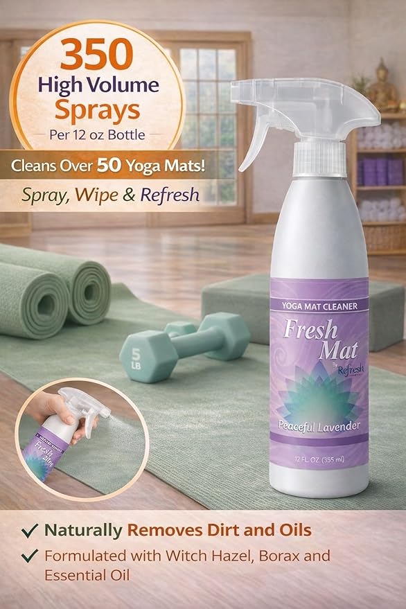 Fresh Mat Yoga Mat Cleaner Spray - Natural Deodorizing Cleaner for Yoga Mats & Fitness Equipment - No-Rinse, Residue-Free Formula with Witch Hazel & Essential Oil, Peaceful Lavender (12 fl oz).