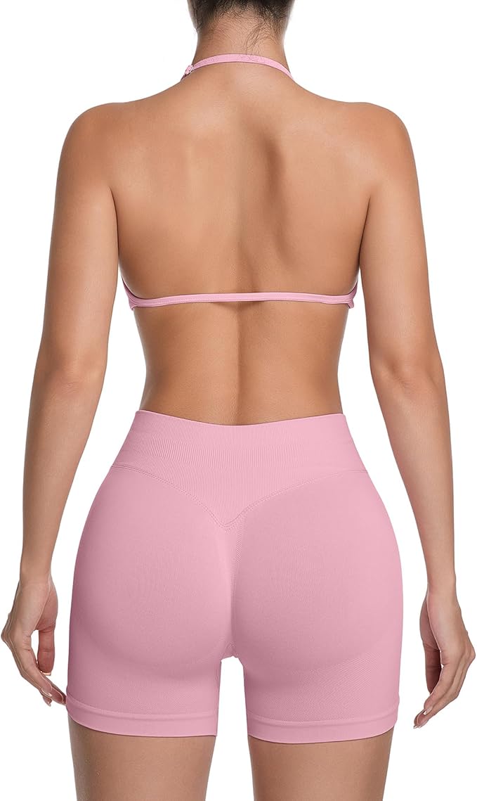 Comper 2 Piece Workout Sets for Women Halter Strappy Sports Bra with Seamless Ribbed Gym Yoga shorts Outfits