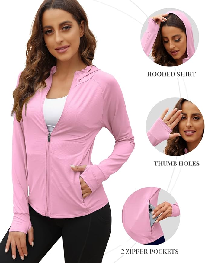We1Fit Women's UPF 50+ Sun Protection Jacket Hoodie Sun Shirts Hiking Running Athletic Shirt