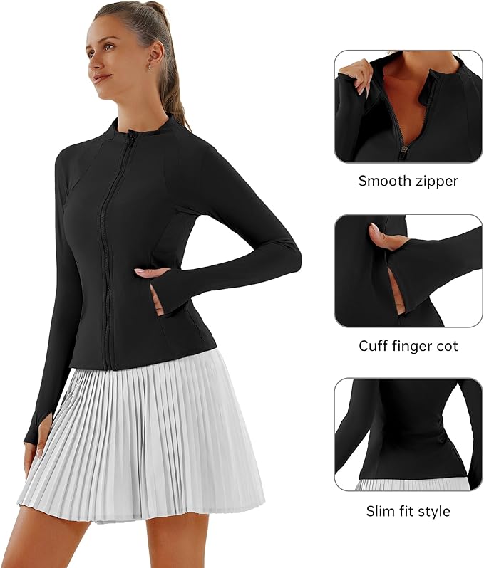 Women Jacket Full Zip UP Workout Athletic Cropped Jacket wIth Thumb Holes Running Yoga Sportswear