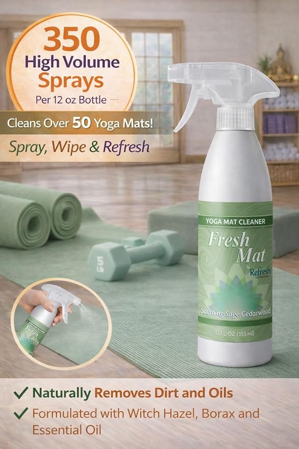 Fresh Mat Yoga Mat Cleaner Spray - Natural Deodorizing Cleaner for Yoga Mats & Fitness Equipment - No-Rinse, Residue-Free Formula with Witch Hazel & Essential Oil, Soothing Sage Cedarwood (12 fl oz).