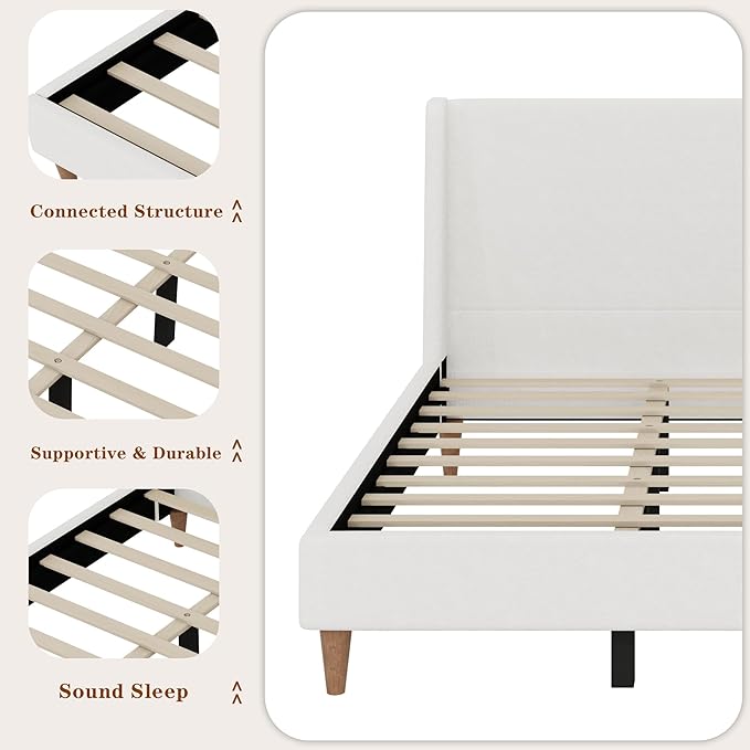 Upholstered Bed Frame Queen Size, 43" Tall Headboard Wingback Upholstered Platform Beds Bedframe for Kids Teens Adults Bedroom Strong Wood Slats Support No Box Spring Needed, Ivory Boucle