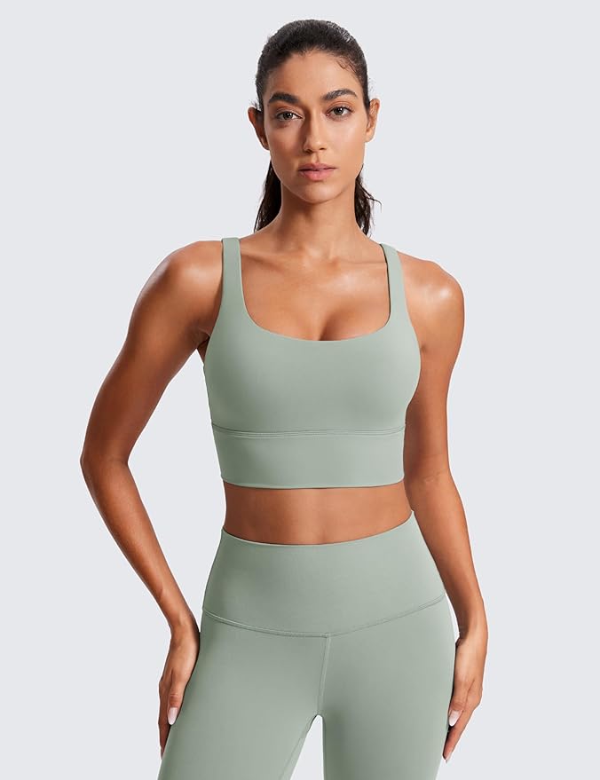 CRZ YOGA Naked Feeling Strappy Longline Sports Bras for Women - Medium Impact Criss Cross Yoga Padded Workout Crop Top