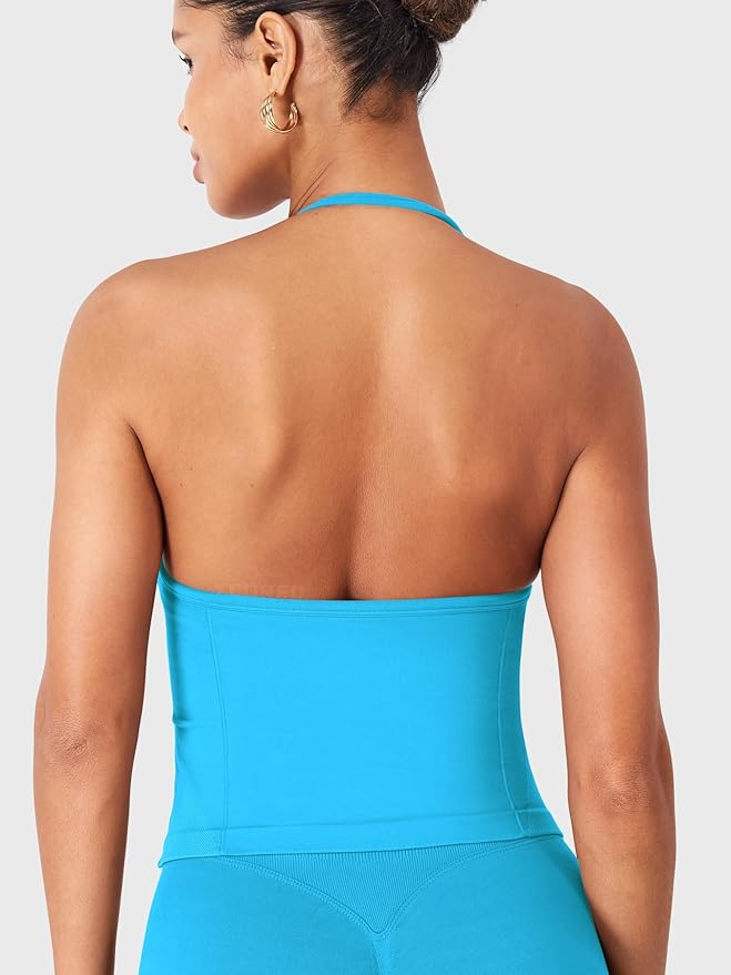 YEOREO SoftHue Impact Longline Strappy Top Women's Halter Workout Tank Tops Backless Gym Longline with Adjustable Strap