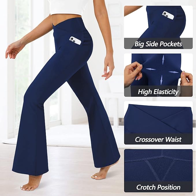 DLOODA Women's Flare Leggings with Pockets Crossover High Waisted Bootcut Yoga Pants Tummy Control Bell Bottom Leggings