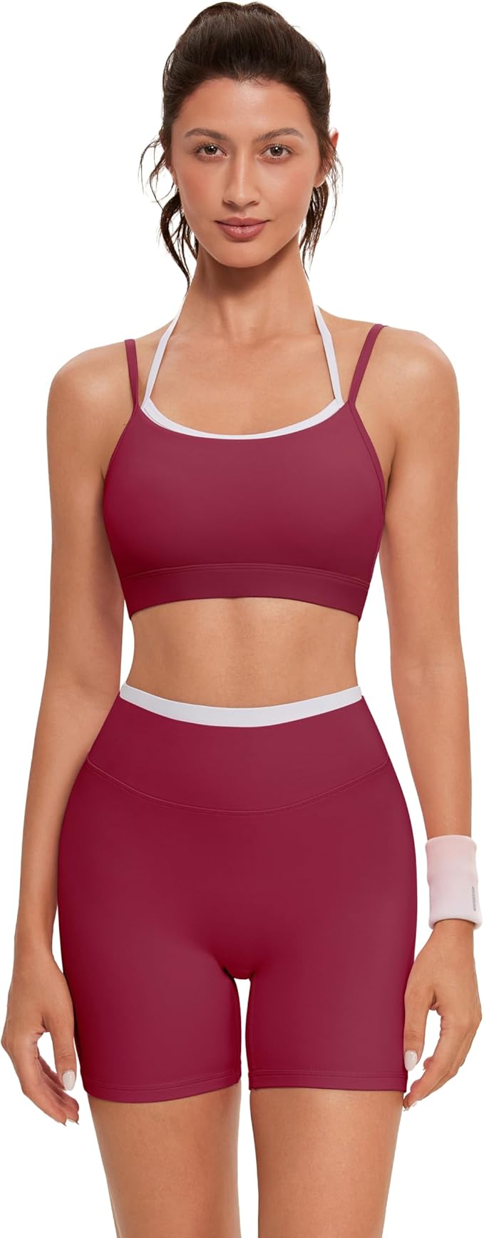 OMKAGI Workout Sets for Women Cute Doubel Layer Open Back Sports Bras Gym Shorts Outfits