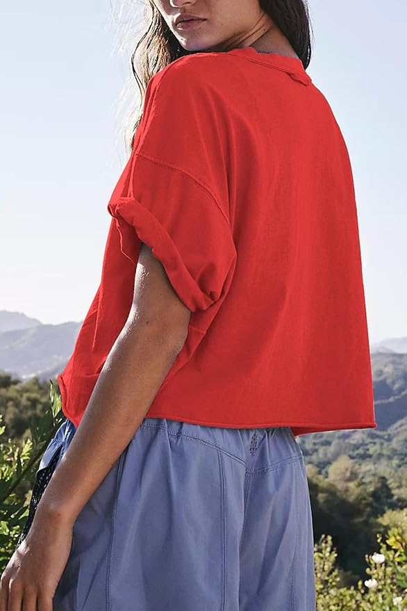 Women's Oversize Workout Crop Tops Casual Short Sleeve Drop Shoulder Boxy T-Shirts Roll Hem Basic Loose Yoga Running Tees