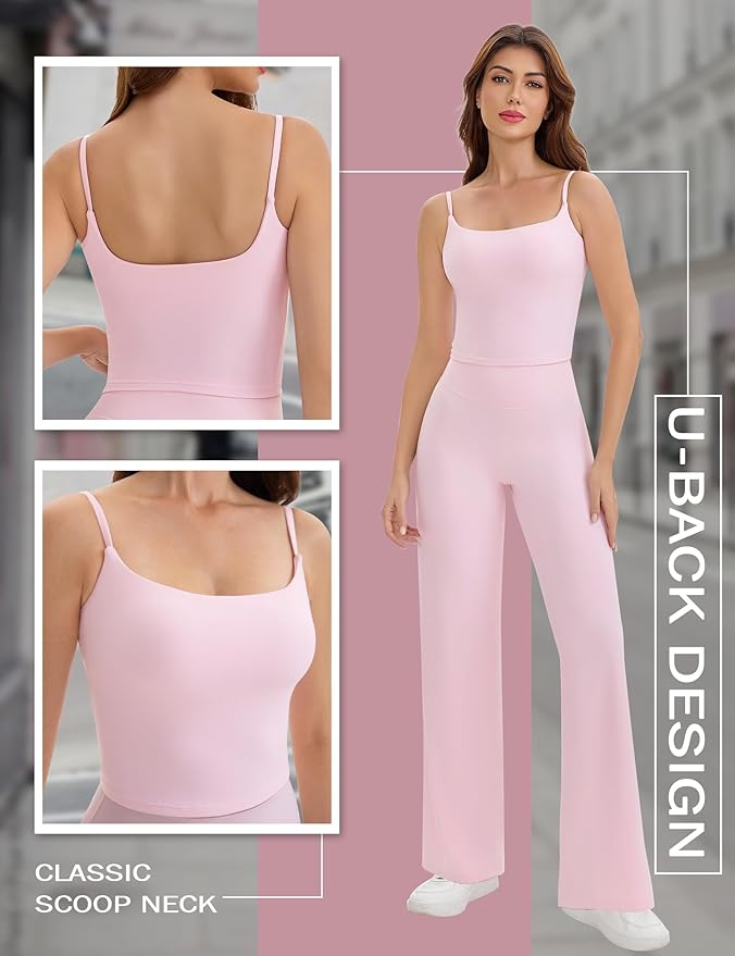 Ieumaz Strappy Crop Top for Women Scoop Neck Longline Gym Workout Sports Bras Built in Removable Pads Yoga Camisole Tank Top