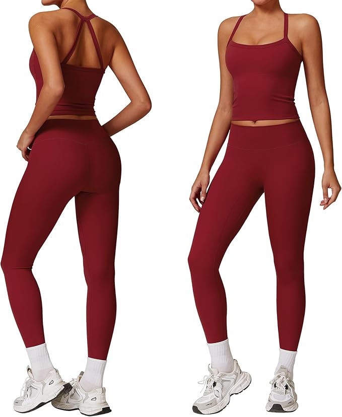 Women 2 Piece Workout Sets (NEW) Yoga Outfit Open Back Tank Top High Waisted Leggings Gym Sets Tracksuits