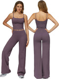 QBGJTD Womens Workout Sets Two Piece Spaghetti Straps Crop Top Matching Straight Leg Pants Gym Work Pilates Outfits
