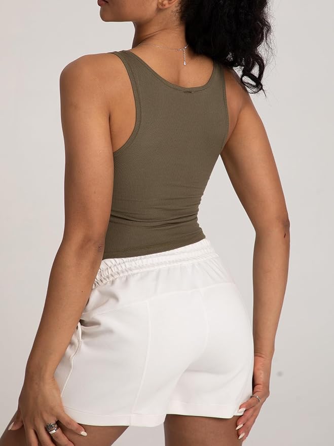 Danysu Women Rib Tank Top Padded Workout Top Square Neck Crop Tank Fitted Basic Cami Tops