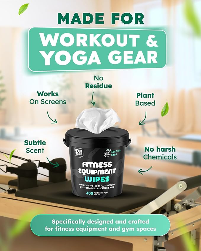 Gym & Yoga Mat Cleaner Wipes, Plant Based - 500 Gym Equipment Wipes to Clean Exercise Equipment, Treadmill, Peloton Bikes - Gym Supplies, Yoga Supplier, Cleaning Wipes for Home & Gym - Spa Fresh Scent