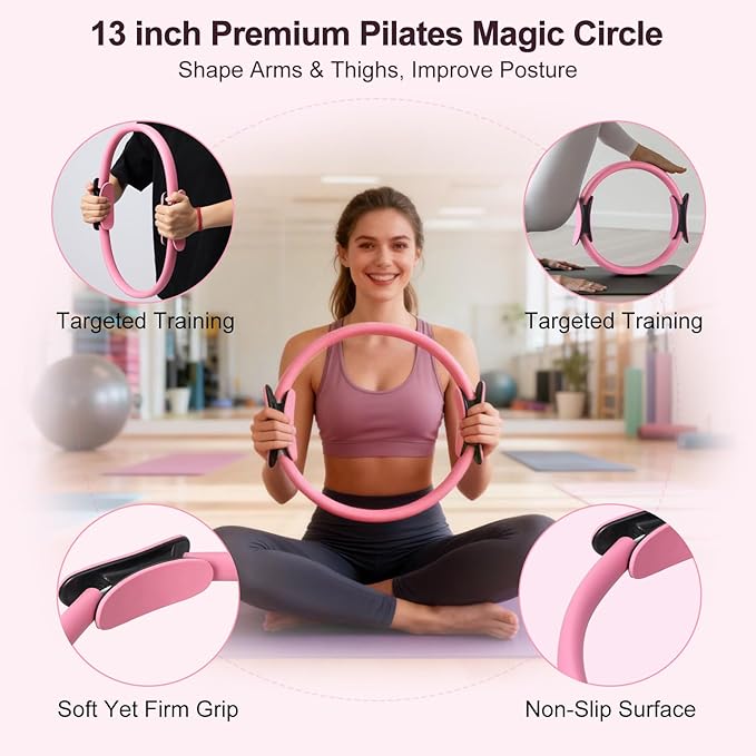 Pilates Kit, Home Pilates Workout Kit for Women, Pilates Equipment with Pilates Ring and Ball, Yoga Block & 5 Resistance Bands, Ankle Weights, Sliders & Grip Socks, Workout Guide Included
