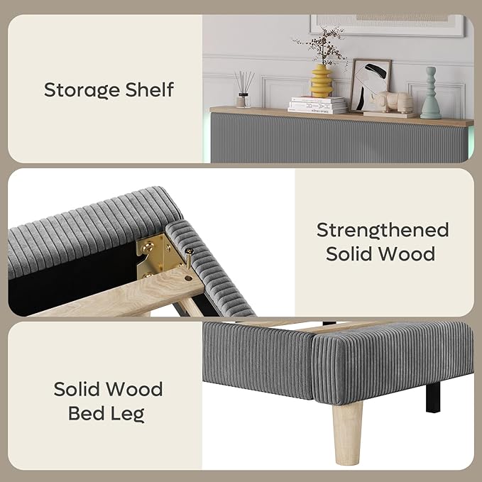 Bestier Queen Bed Frame with Adjustable Headboard & LEDLighting, Corduroy Upholstered Platform Bed Frame withStorage Shelf, Solid Wood Slats, No Box Spring Needed,Never Squeak, Easy Assembly, Grey