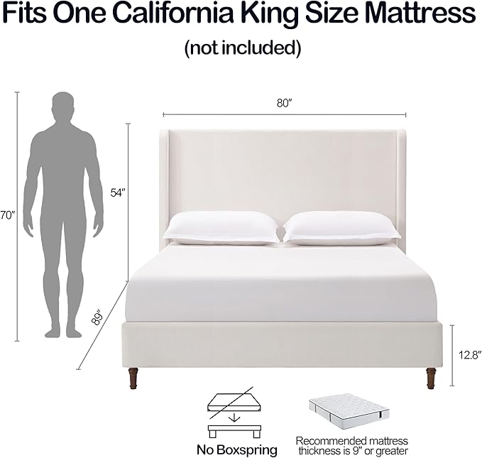 California King Size Upholstered Bed Frame, 54" Tall Headboard Wingback Platform Bed Frames, Elegant Simplicity/Strong Wood Slats Support/No Box Spring Needed/No Noise, Cream White Chenille