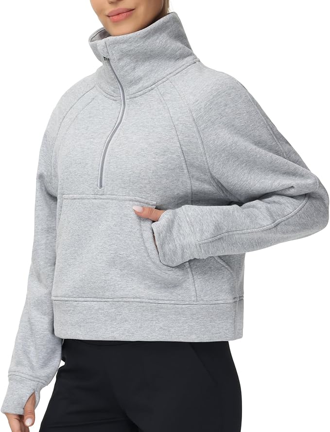 THE GYM PEOPLE Womens' Half Zip Pullover Fleece Stand Collar Crop Sweatshirt with Pockets Thumb Hole
