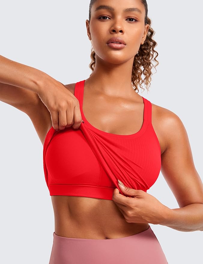 CRZ YOGA Seamless Ribbed Scoop Neck Tank Top for Women - Workout Racerback Padded Athletic Camisole with Built in Bra