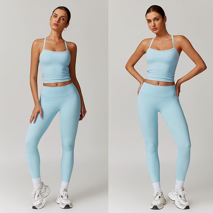 Women 2 Piece Workout Sets (NEW) Yoga Outfit Open Back Tank Top High Waisted Leggings Gym Sets Tracksuits