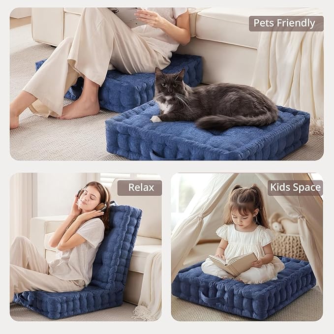 Intelligent Design Large Floor Pillow for Adults Yoga or Meditation Cushion with Handle, Floor Cushion for Board Games, Lustrous Chenille Tufted, Handsewn Scalloped Edge, Azza, 24" x 24" x 5" Navy