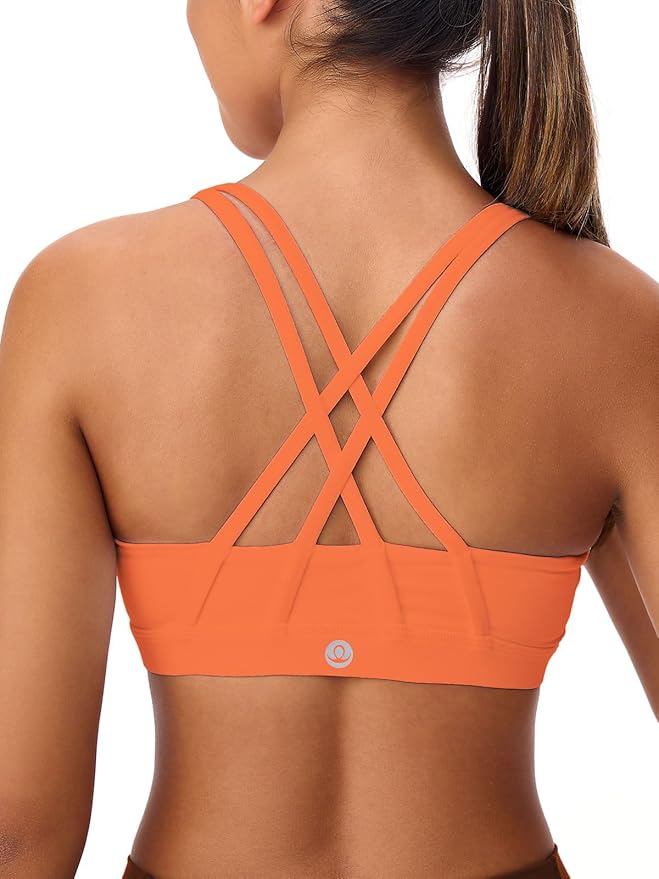 Women's Strappy Sports Bras Light Compression Crop Criss Cross Back Padded Workout Yoga Bra Supportive U Neckline