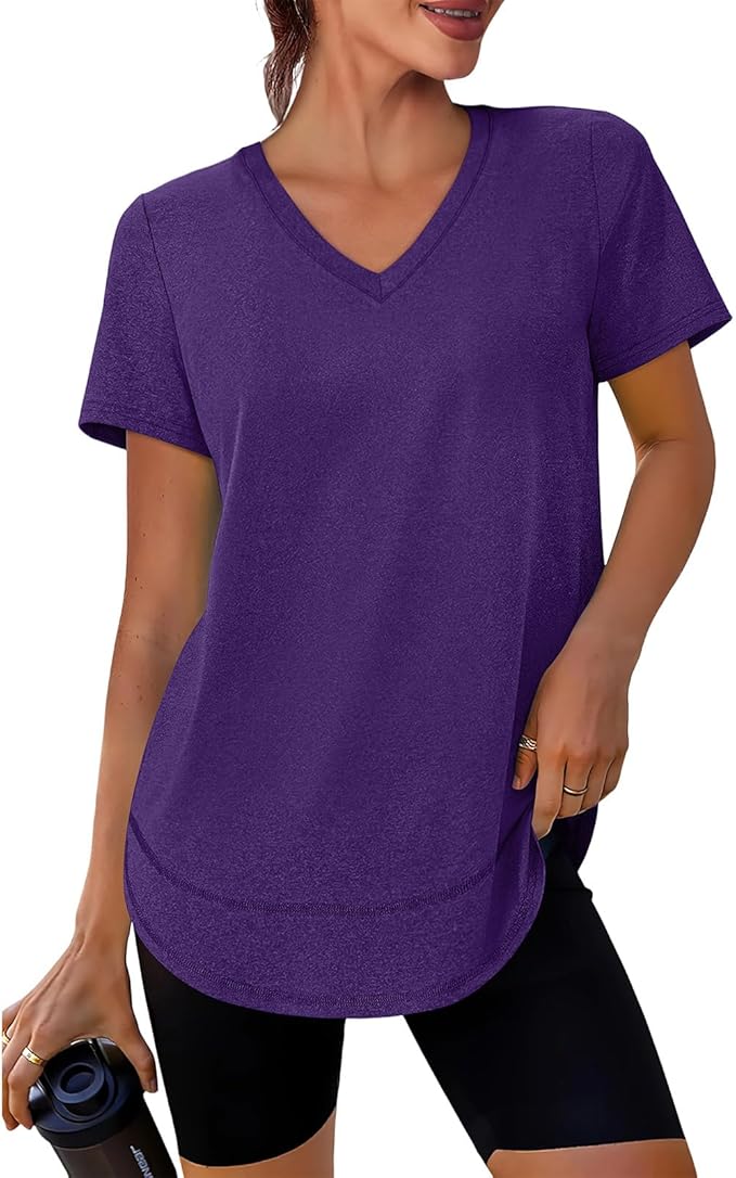 XIEERDUO Womens Workout Tops Short Sleeve Shirts Quick Dry Outfits for Hiking Running V Neck S-3XL