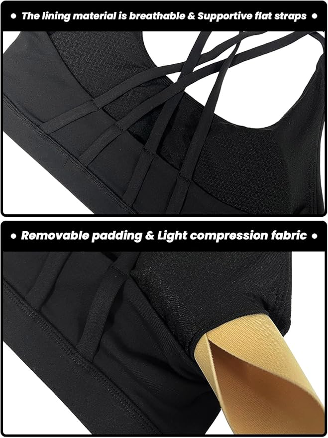 Women's Strappy Sports Bras Light Compression Crop Criss Cross Back Padded Workout Yoga Bra Supportive U Neckline