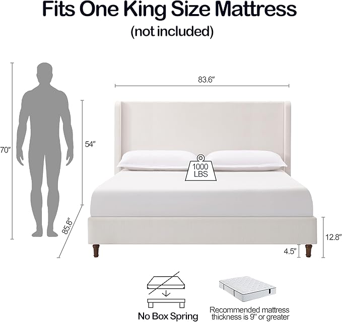 Upholstered Bed Frame King Size, 54" Tall Headboard Wingback Upholstered Platform Bed Frame for Adults Bedroom Strong Wood Slats Support/No Box Spring Needed/Easy Assembly, Cream White