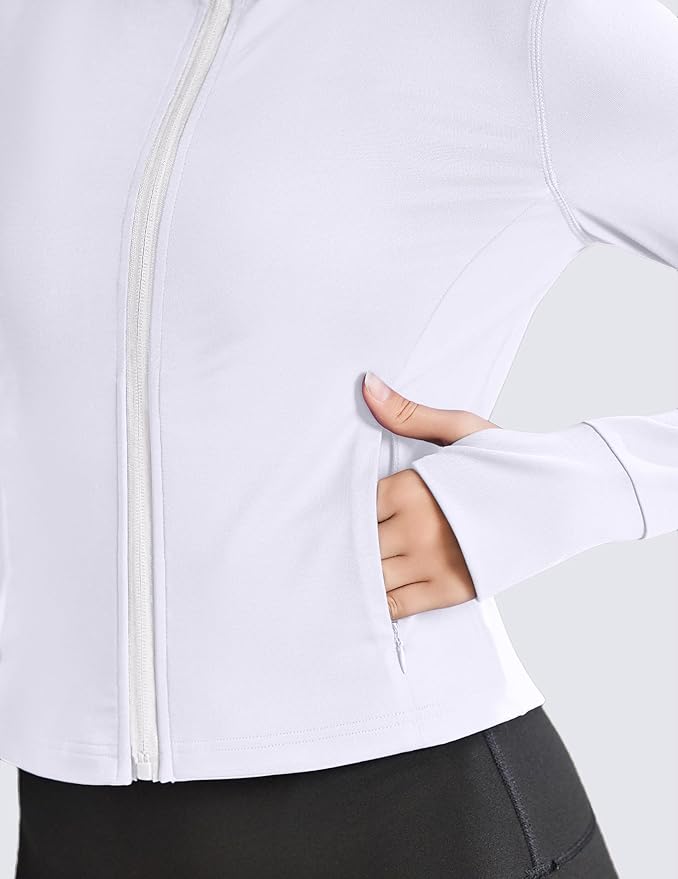 PINSPARK Women Cropped Workout Jackets Full Zip Slim Fit Athletic Jackets Thumb Holes Running Jacket with Zipper Pockets