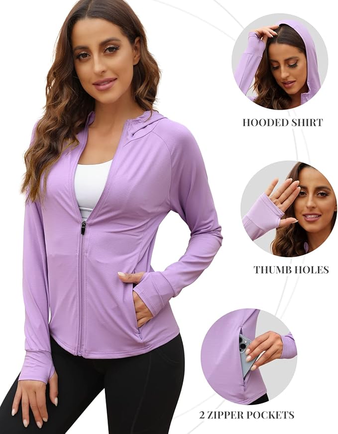 We1Fit Women's UPF 50+ Sun Protection Jacket Hoodie Sun Shirts Hiking Running Athletic Shirt