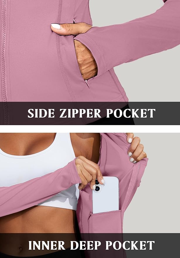 Bosmeer Workout Jackets for Women Lightweight Zip Up Slim Fit Yoga Sportwear Stretchy Crooped Running Jacket with Thumb Holes