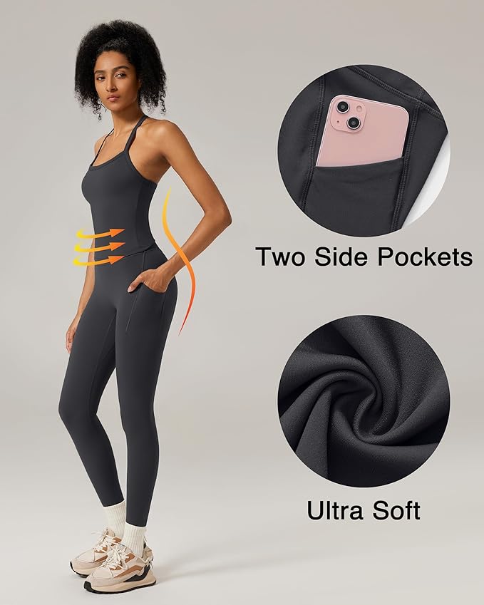 RXRXCOCO Cross Back Workout Sets for Women 2 Piece Padded Tank Tops Hidden Scrunch Leggings Gym Outfits with Pockets