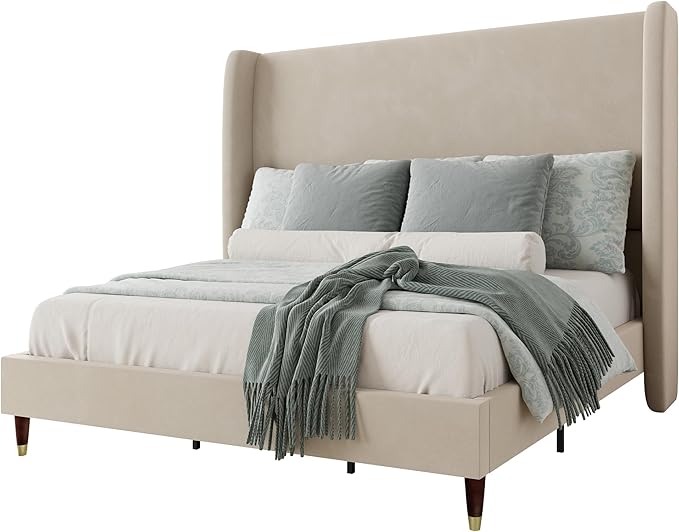 Jocisland Queen Size Bed Frame 51.2" Wingback Headboard Velvet Upholstered Platform Bed with Solid Wood Legs & Wooden Slats, No Box Spring Needed, Modern Minimalist Style, Easy Assembly, Off-White