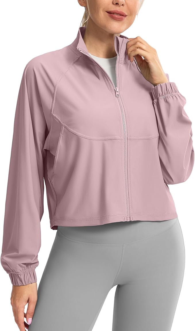 Soothfeel Women's Athletic workout Jacket Lightweight UPF 50+ Long Sleeve Sun Protection Shirts Zip Up Cropped Hiking Tops