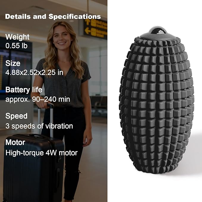 HODEMI Vibrating Massage Ball Roller with Rolling Head for Foot & Muscle Relaxation, Electric Massage Ball with 3 Speeds for Myofascial Release, Sports Recovery, Yoga & Fitness (Black)