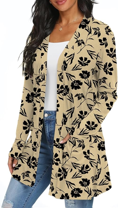Womens Casual Lightweight with Pocketes Long Sleeve Open Front Cardigan