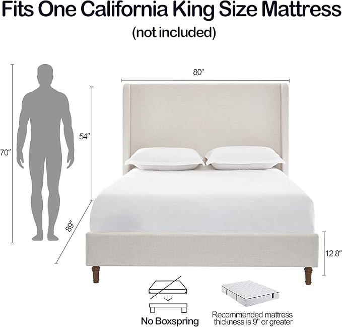 California King Size Upholstered Bed Frame, 54" Tall Headboard Wingback Platform Bed Frames, Elegant Simplicity/Strong Wood Slats Support/No Box Spring Needed/No Noise, Textured Ivory Canvas