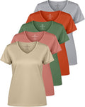 Real Essentials 5 Pack: Women's Dry-Fit Short Sleeve V Neck T Shirt Workout Fitness Yoga Top Tee (Available in Plus Size)
