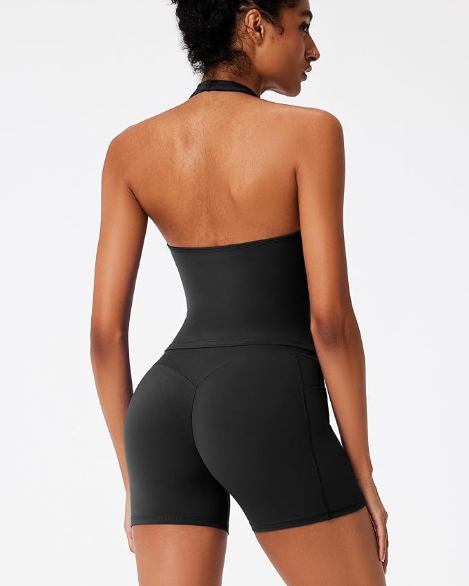 RXRXCOCO Halter Workout Sets for Women 2 Piece V Neck Tank Tops Hidden Scrunch Booty Shorts Gym Outfits with Pockets