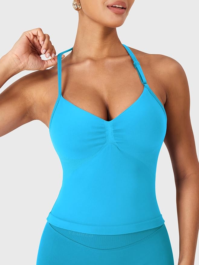 YEOREO SoftHue Impact Longline Strappy Top Women's Halter Workout Tank Tops Backless Gym Longline with Adjustable Strap