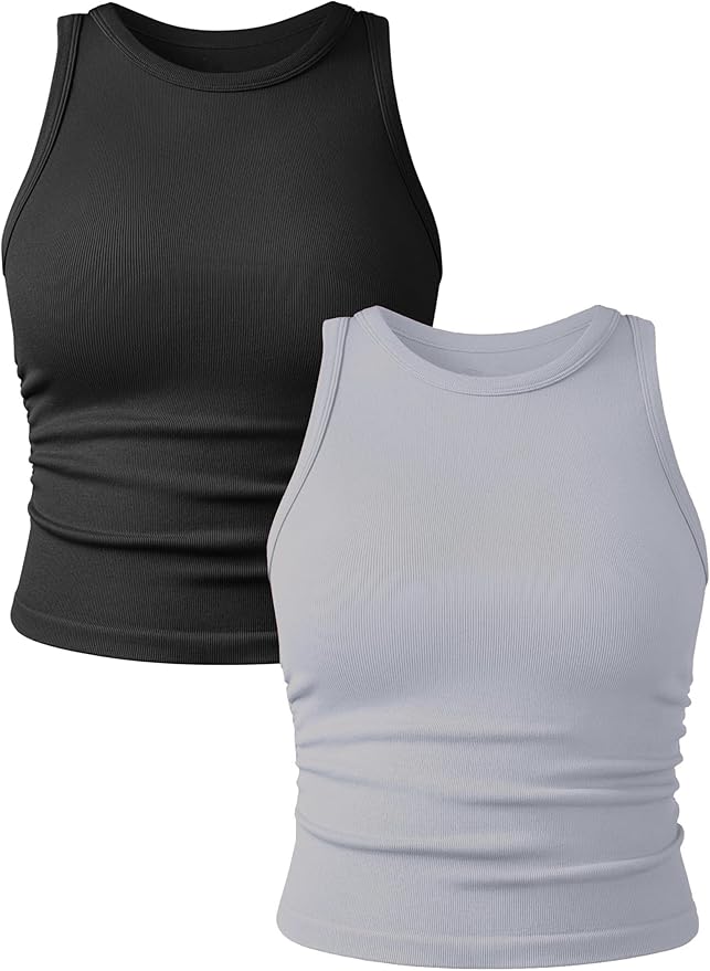 YIOIOIO Women's 2 Pieces Basic Seamless Tank Tops Sleeveless Crew Neck Workout Exercise Crop Camis
