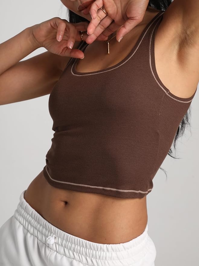 Danysu Women Rib Tank Top Padded Workout Top Square Neck Crop Tank Fitted Basic Cami Tops