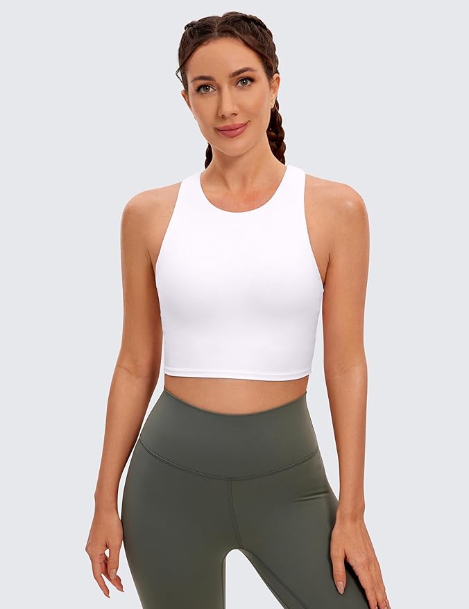 CRZ YOGA Butterluxe High Neck Crop Tank Tops for Women - Racerback Padded Longline Sports Bras Workout