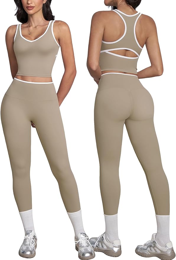 ABOCIW Womens Color Block Workout Sets Racerback Tank Top High Waist Leggings Gym Set Yoga Pilates Outfits