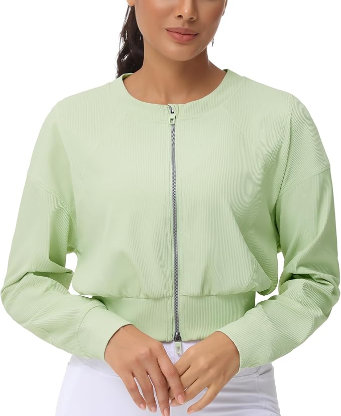 THE GYM PEOPLE Women's Cropped Jackets Full Zip Long Sleeve Ribbed Workout Sweatshirts Lightweight Casual Tops