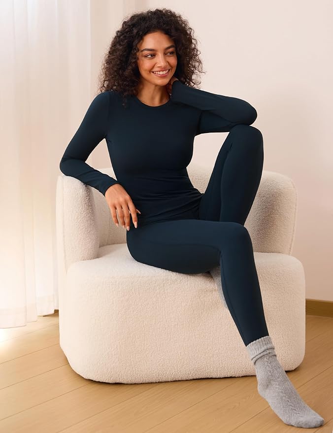 CRZ YOGA Softembrace Fleece Lined Thermal Underwear Set for Women - Soft Casual Base Layer Long Johns Warm Pajamas Top Bottom
