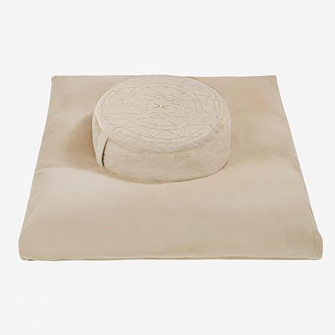 ellier Zafu & Zabuton Meditation Cushion Set - Buckwheat Hull & Memory Foam Pillows, Ergonomic Support for Yoga, Mindfulness - Organic Velvet Cover, Large Size, Durable Comfort (Khaki)