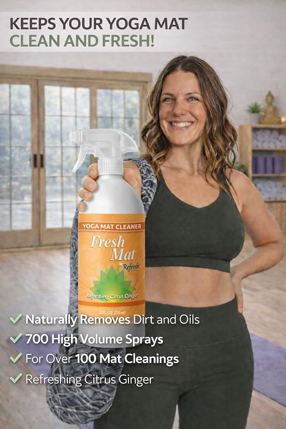 Fresh Mat Yoga Mat Cleaner Spray - Natural Deodorizing Cleaner for Yoga Mats & Fitness Equipment - No-Rinse, Residue-Free Formula with Witch Hazel & Essential Oil, Refreshing Citrus Ginger (24 fl oz).